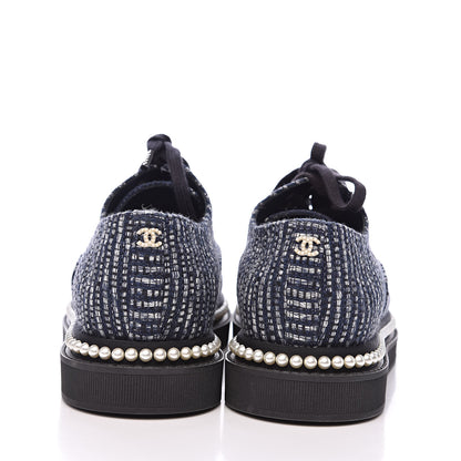 Chanel Tweed Grosgrain Pearl Lace Up Sneakers 38 Navy Black 5 of 9