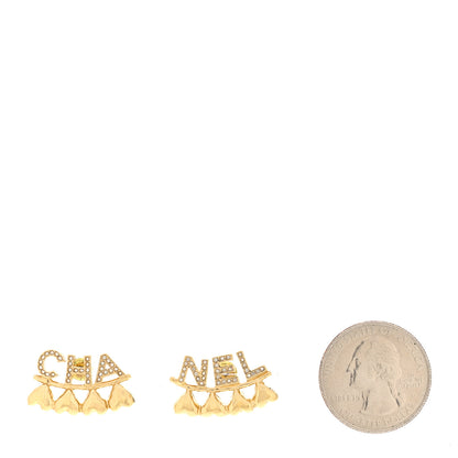Chanel Crystal Heart Cha-Nel Logo Earrings Gold 2 of 5