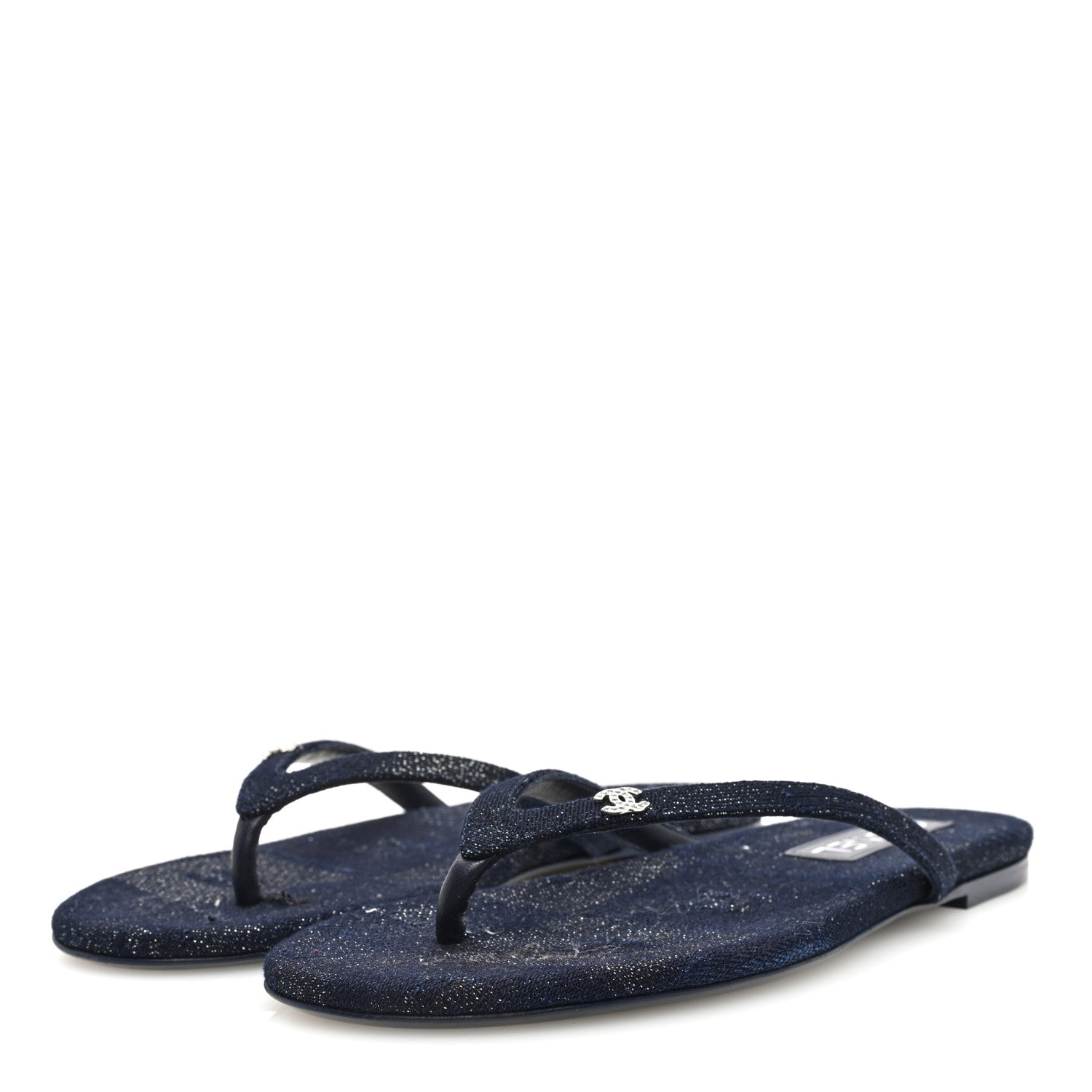 Chanel Cotton Silk Crystal CC Thong Sandals 39 Dark 39 Blue Silver 2 of 8