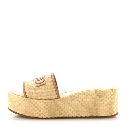 Fendi Raffia Womens FF Sunshine Flatform Slide Sandals 39 Beige 1 of 10