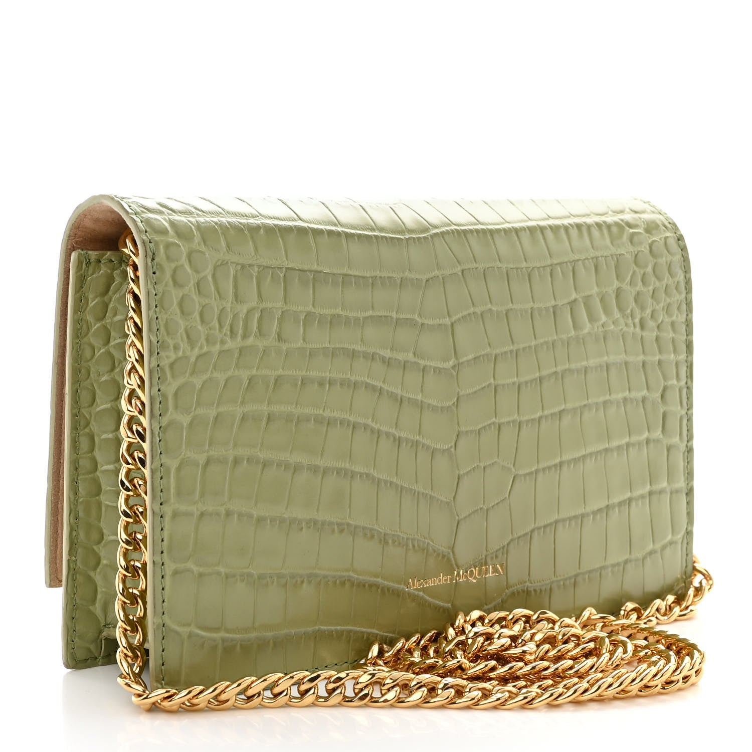 Alexander McQueen Calfskin Crocodile Embossed Skull Mini Crossbody Bag Sage 3 of 11