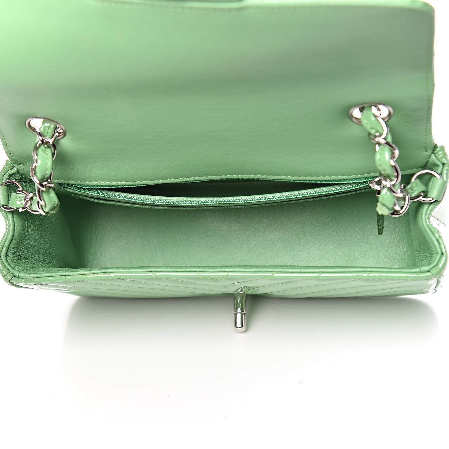 Patent Calfskin Chevron Quilted Mini Rectangular Flap Green