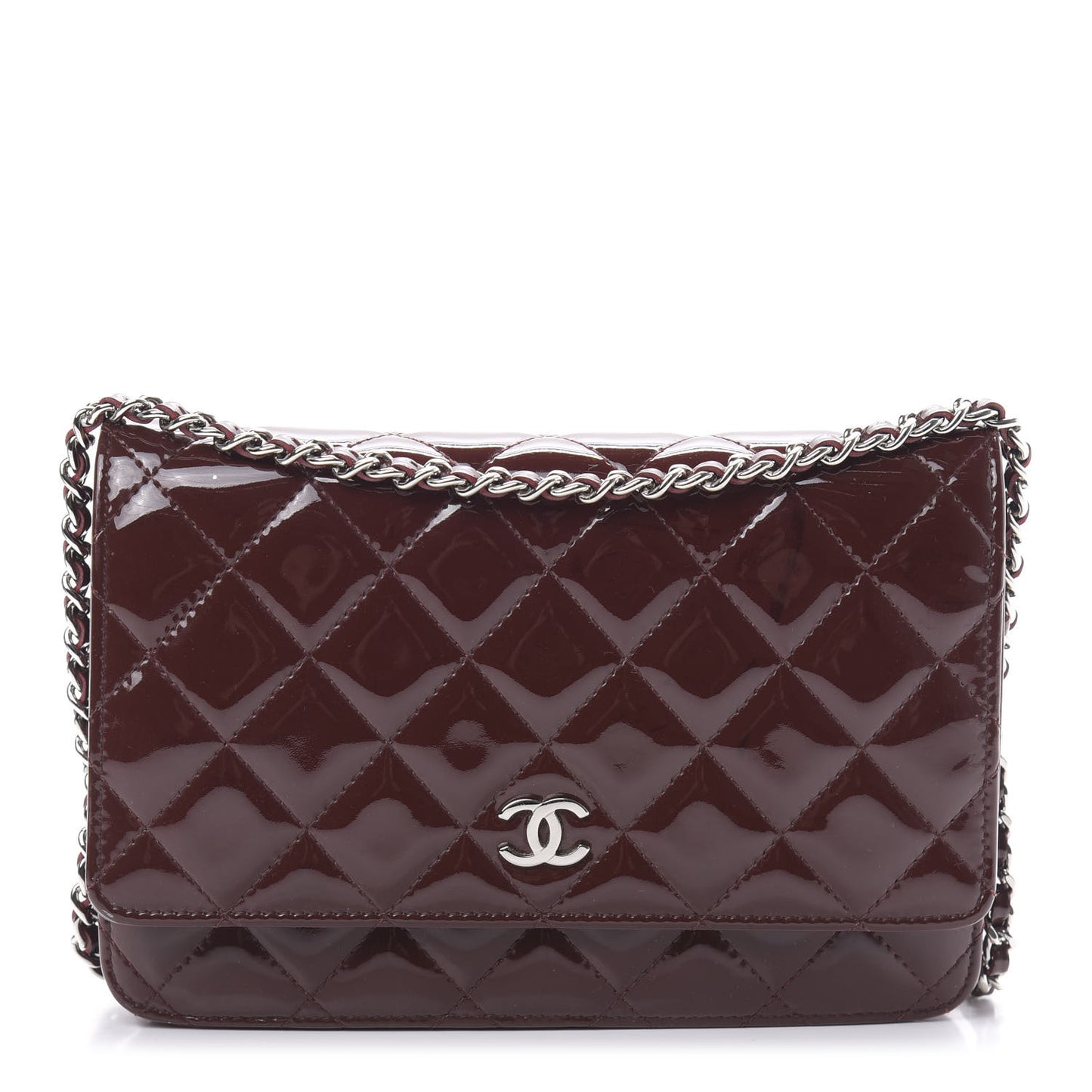 Patent Quilted Wallet On Chain WOC Burgundy