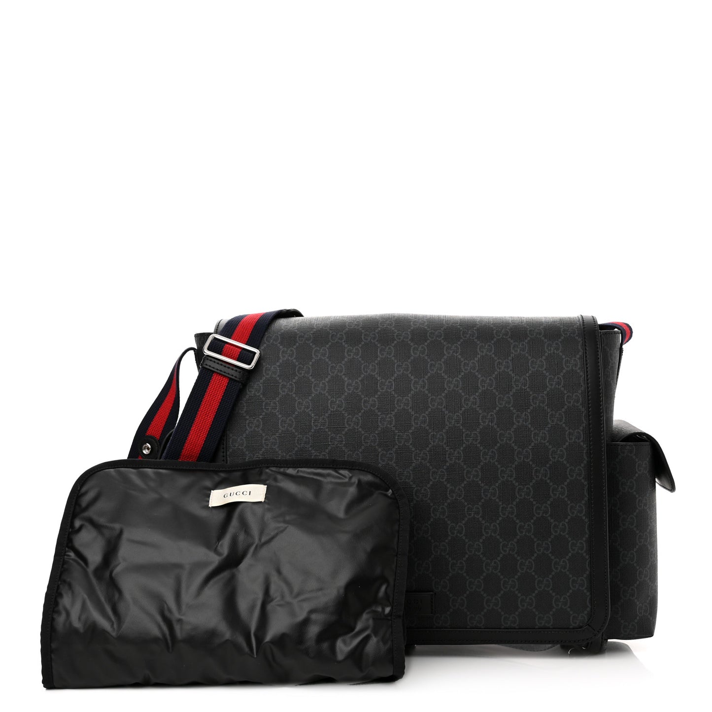 GG Supreme Monogram Web Messenger Diaper Bag Black Grey