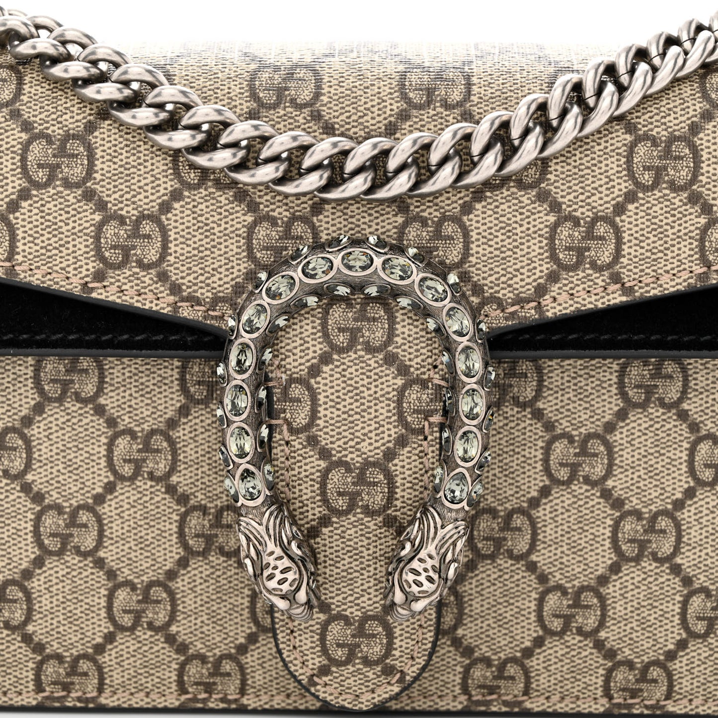 GG Supreme Monogram Suede Crystal Small Dionysus Shoulder Bag Beige Ebony Black