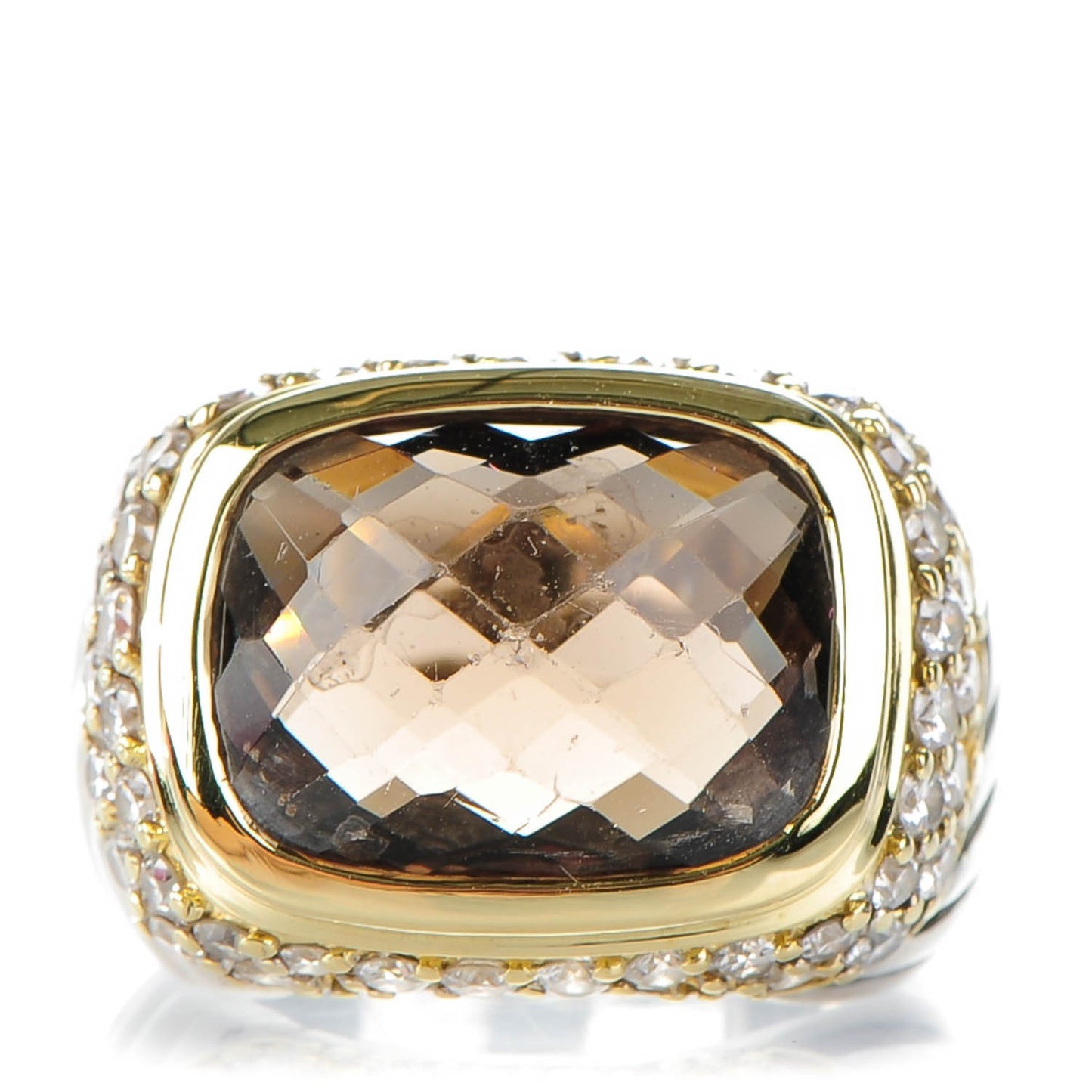 Sterling Silver 18K Yellow Gold Pave Diamond Smoky Quartz 15mm Cable Ring 53 6.5
