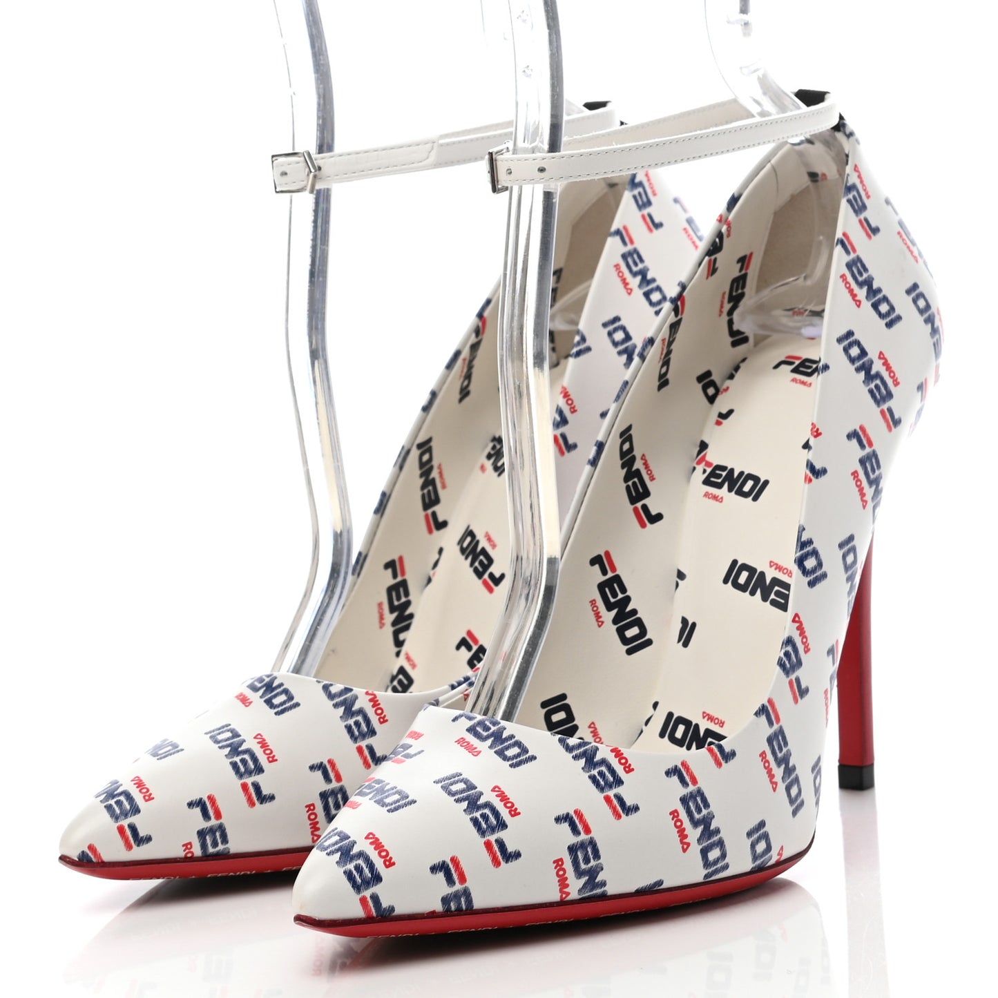 X FILA Vitello Mania Logo Print High Heel Pumps 37 White Blue Red Fragola