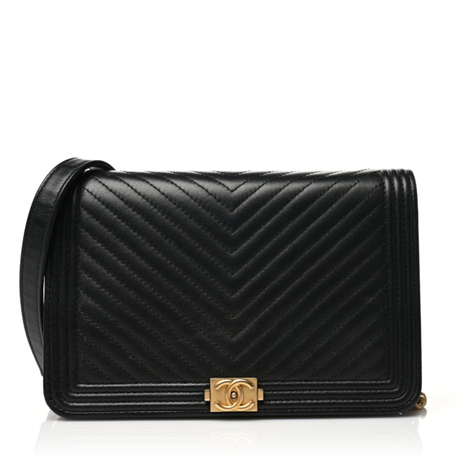 Chanel Calfskin Chevron Boy Wallet On Chain WOC Black 1 of 11