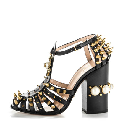 Gucci Kid Leather Studded Kendall Sandals 38.5 Black Gold 1 of 7