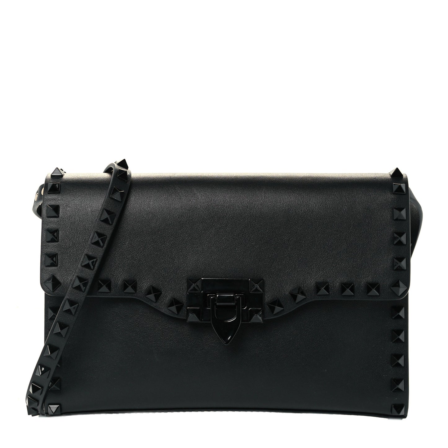 Vitello Monochrome Medium Rockstud Flip Lock Crossbody Bag Black