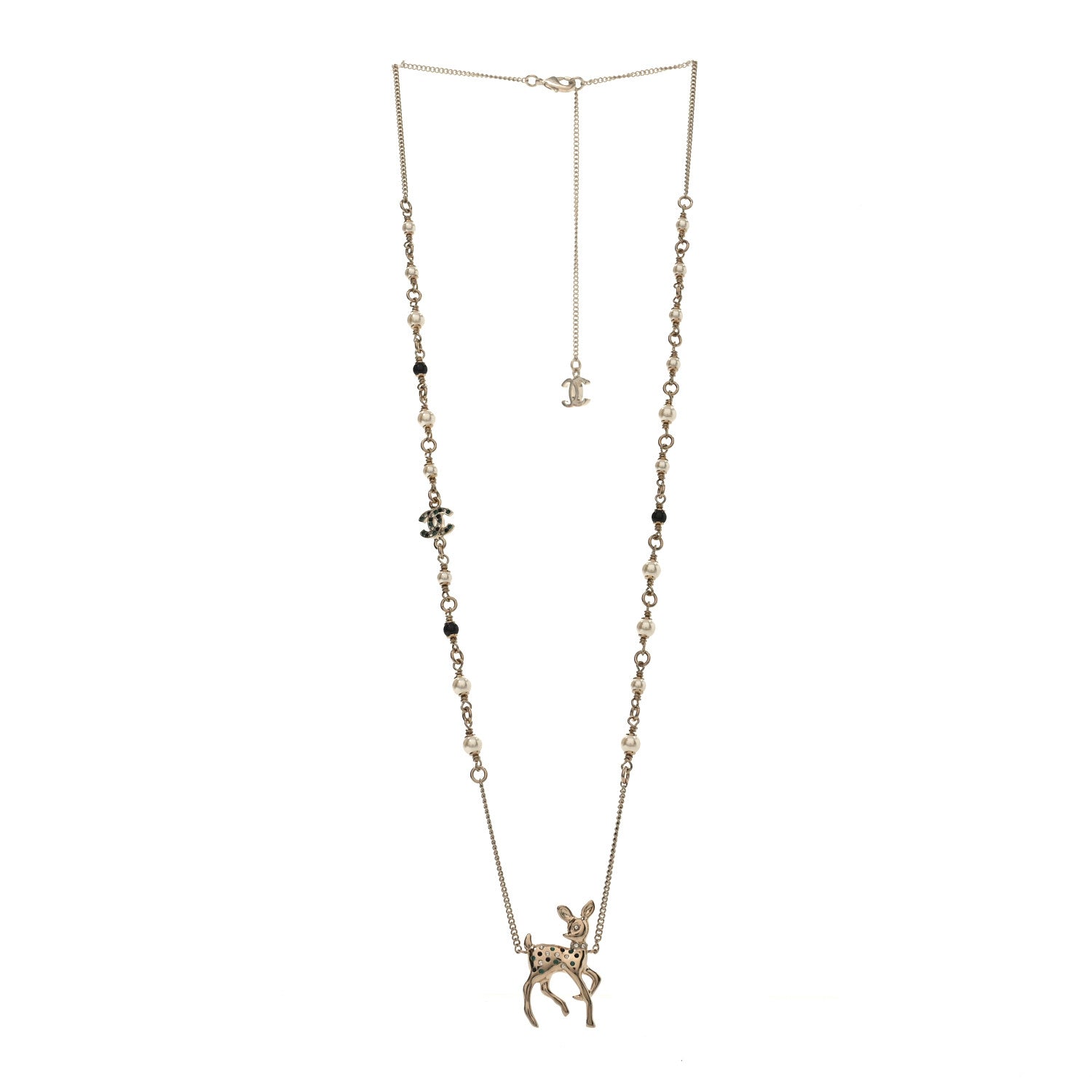 Chanel Metal Crystal Pearl Deer Pendant Necklace Green Black Gold 3 of 5