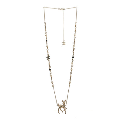 Chanel Metal Crystal Pearl Deer Pendant Necklace Green Black Gold 3 of 5