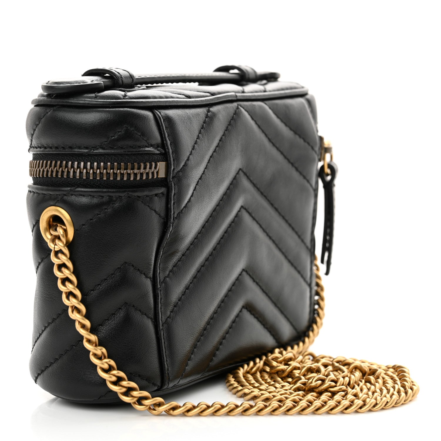 Gucci Calfskin Matelasse Chevron Mini GG Marmont Top Handle Bag Black 3 of 11