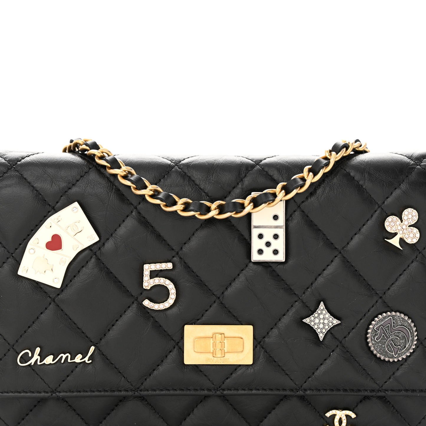 Aged Calfskin Lucky Charms Casino 2.55 Reissue Wallet on Chain WOC Black