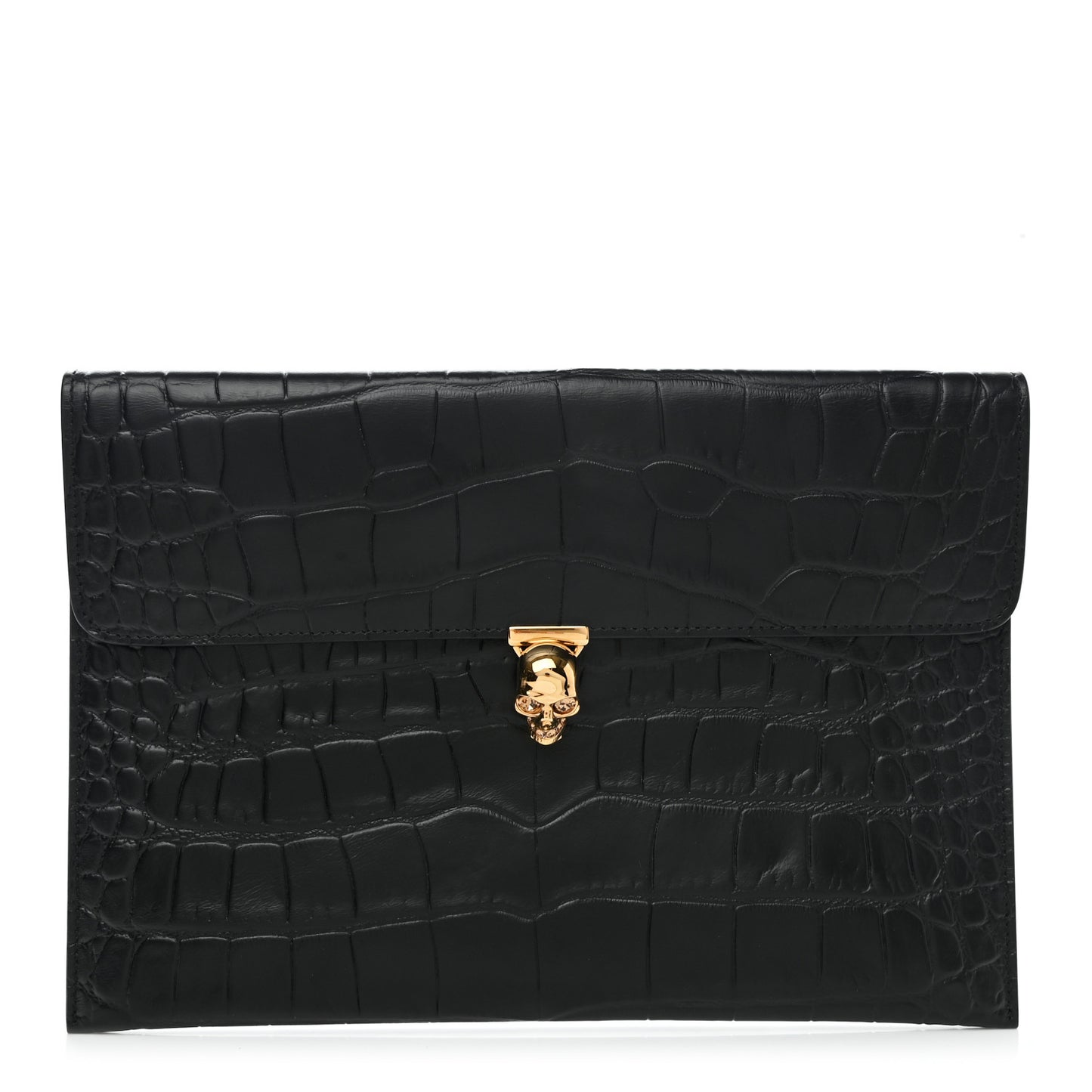Calfskin Crocodile Embossed Skull Envelope Clutch Black