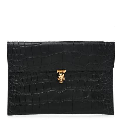 Alexander McQueen Calfskin Crocodile Embossed Skull Envelope Clutch Black 1 of 7