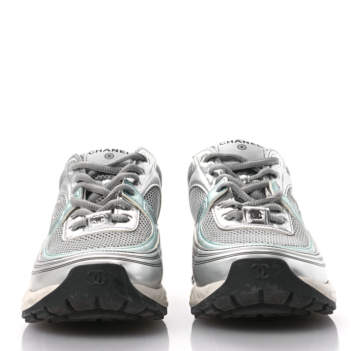 Fabric Laminated Calfskin Stretch CC Sneakers 40 Green Silver
