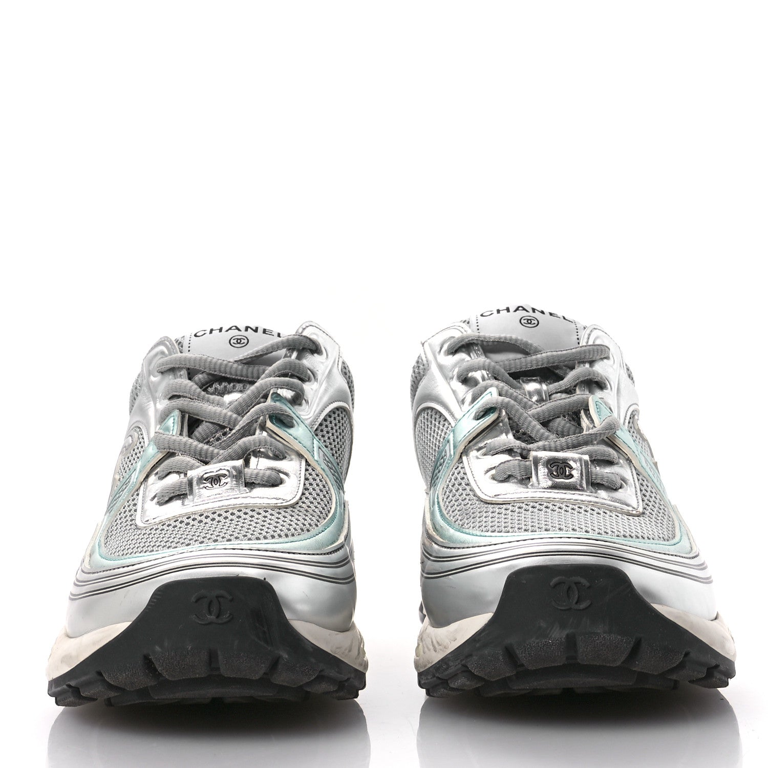 Chanel Fabric Laminated Calfskin Stretch CC Sneakers 40 Green Silver 3 of 9