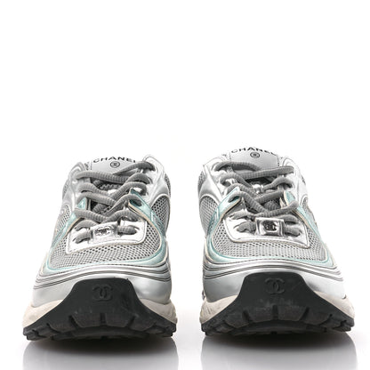Chanel Fabric Laminated Calfskin Stretch CC Sneakers 40 Green Silver 3 of 9