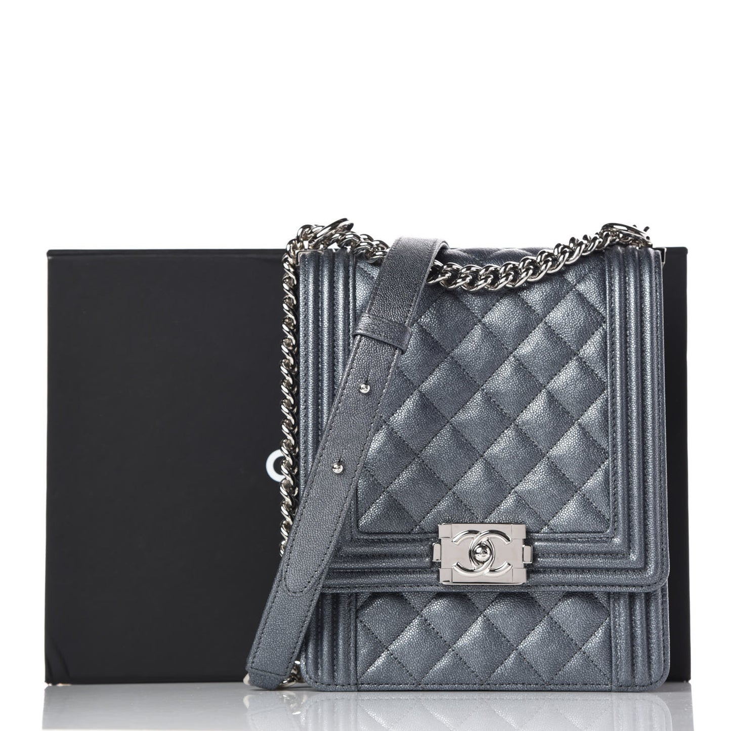 Iridescent Caviar Quilted North South Boy Flap Grey