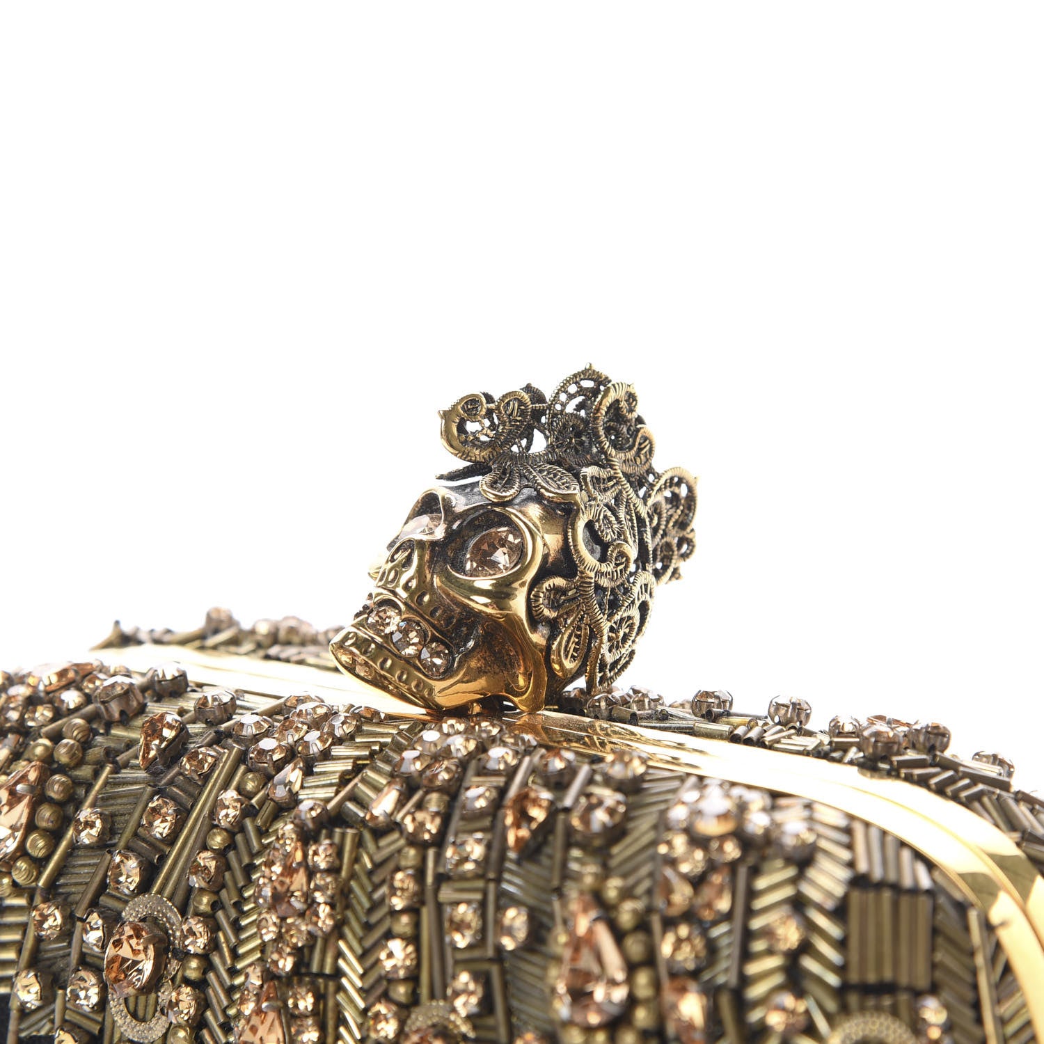 Alexander McQueen Mesh Satin Crystal Embellished Skull Box Clutch Gold 8 of 9