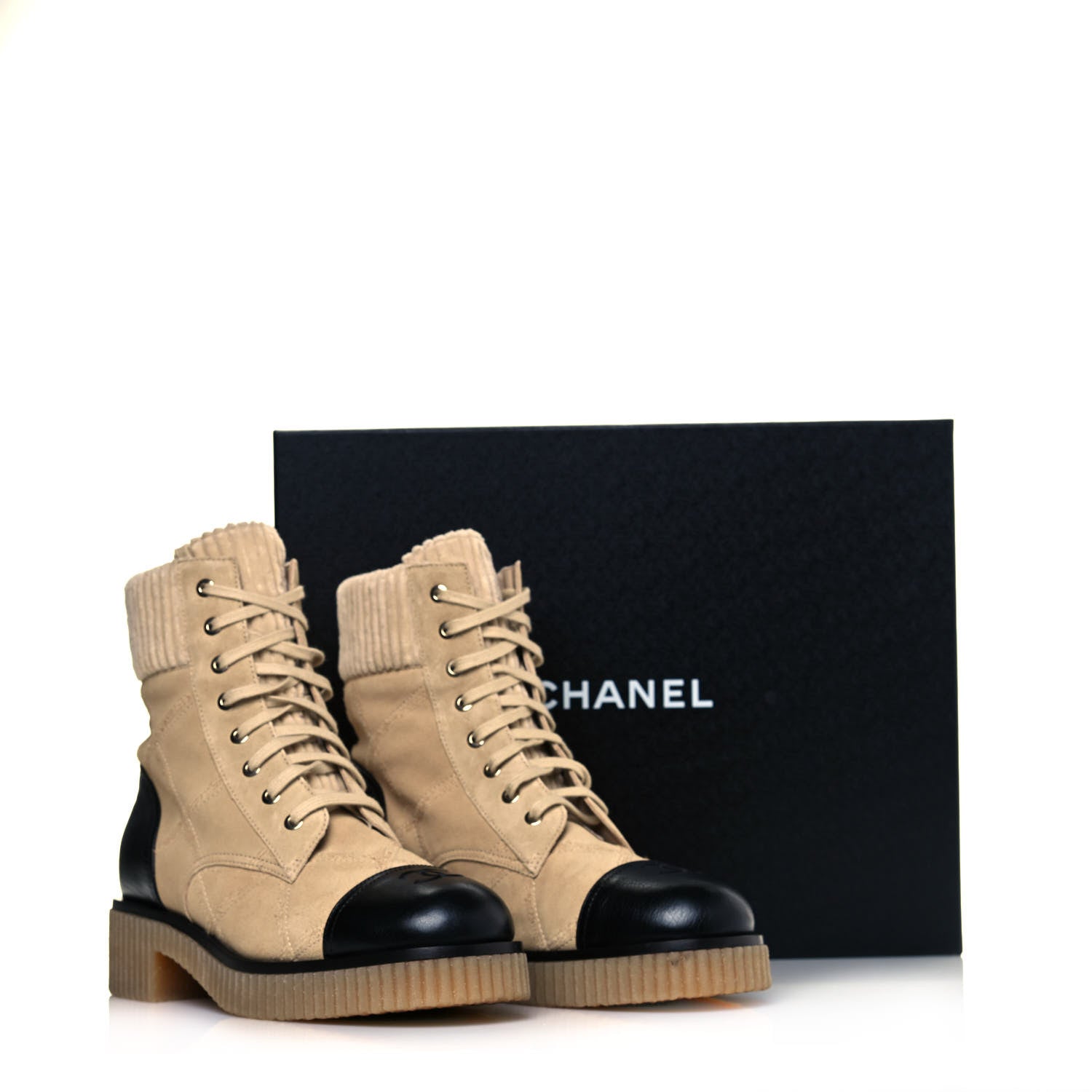 Chanel Suede Calfskin Velvet Quilted CC Combat Boots 40 Beige Black 8 of 8