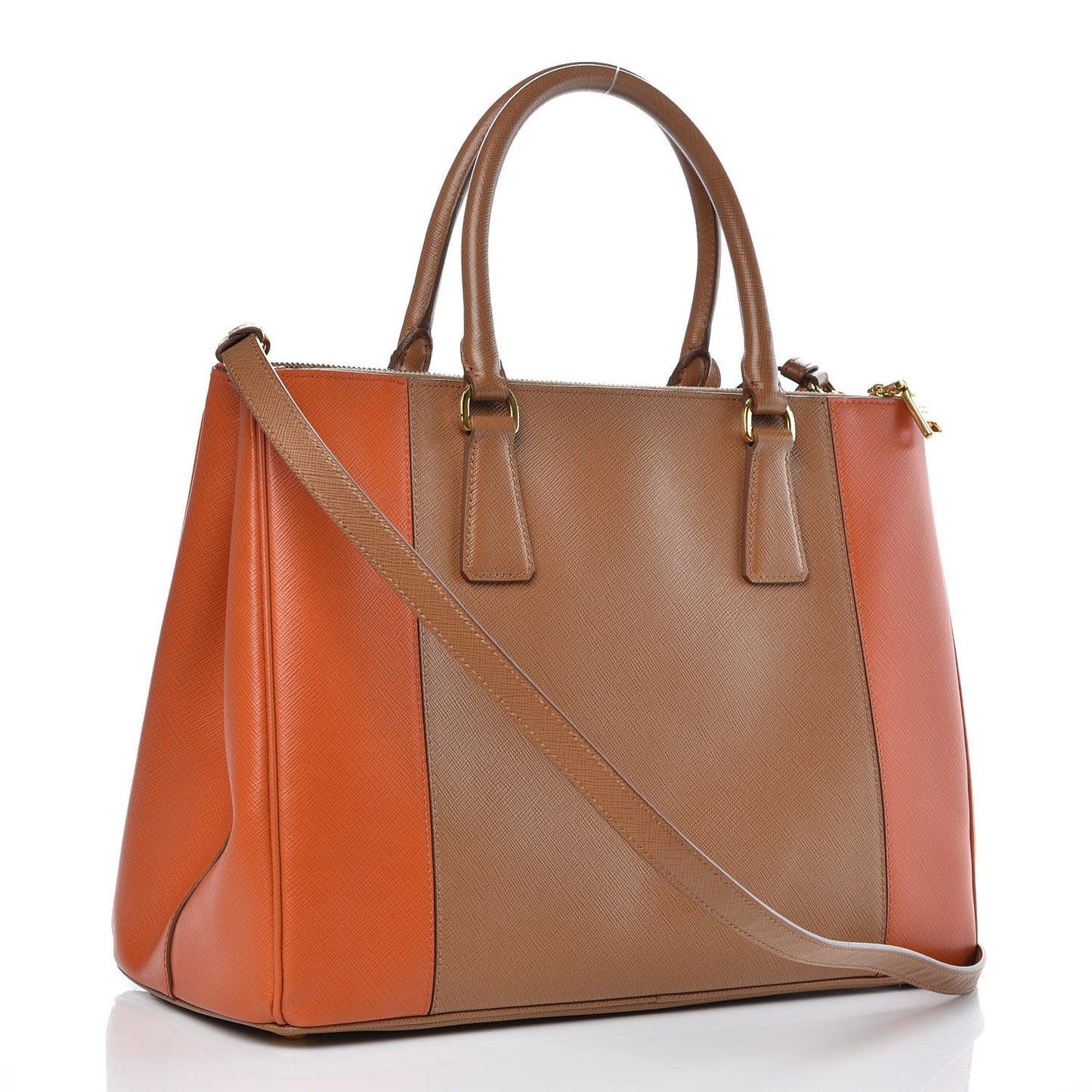 Saffiano Lux Colorblock Medium Galleria Double Zip Tote Caramel Papaya