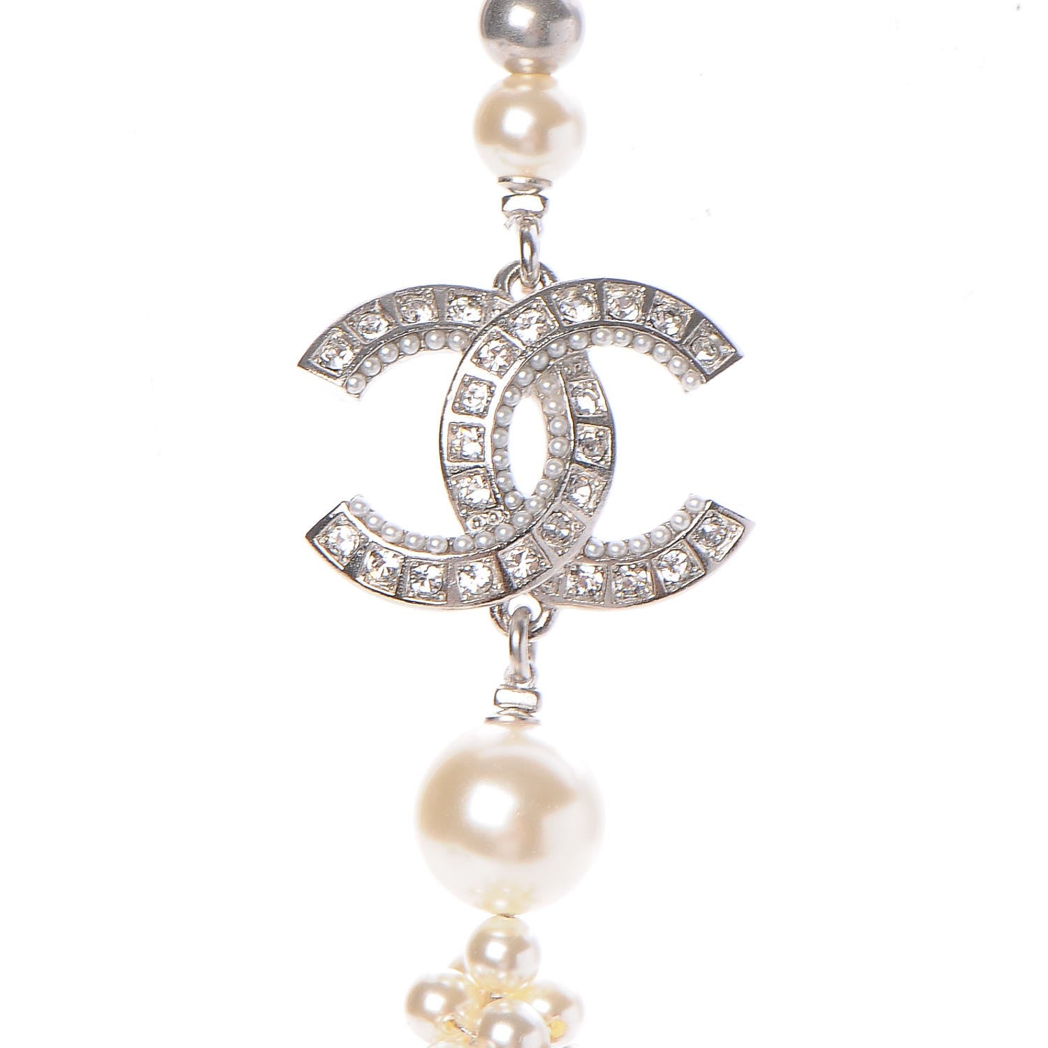 Chanel Graduated Pearl Crystal CC Long Necklace Silver 4 of 8