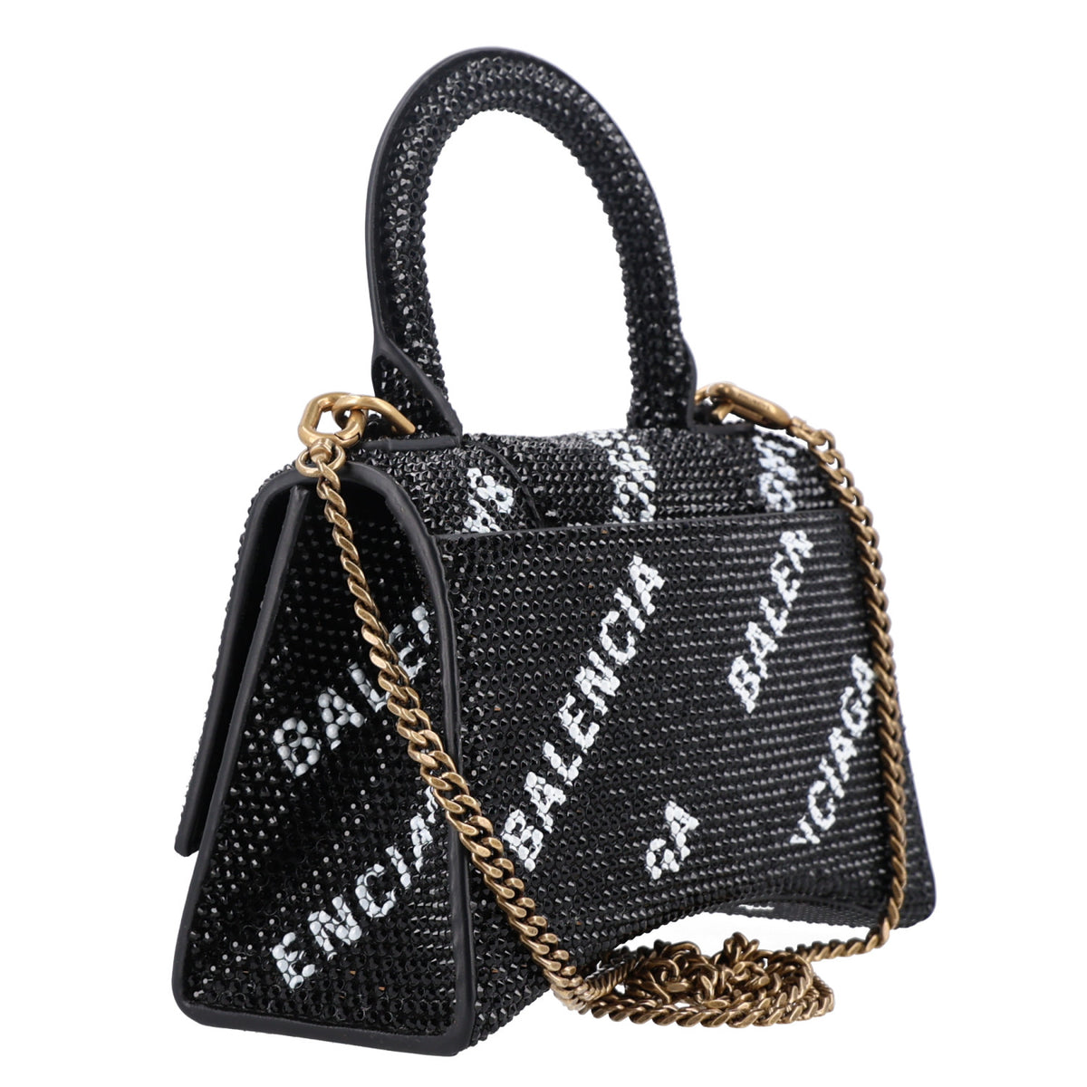 Balenciaga Strass Suede Allover Logo Hourglass Top Handle Bag XS with Chain Black White 3 of 10