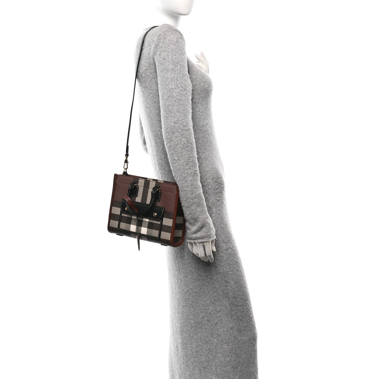 E-Canvas Check Calfskin Mini Freya Tote Dark Birch Brown