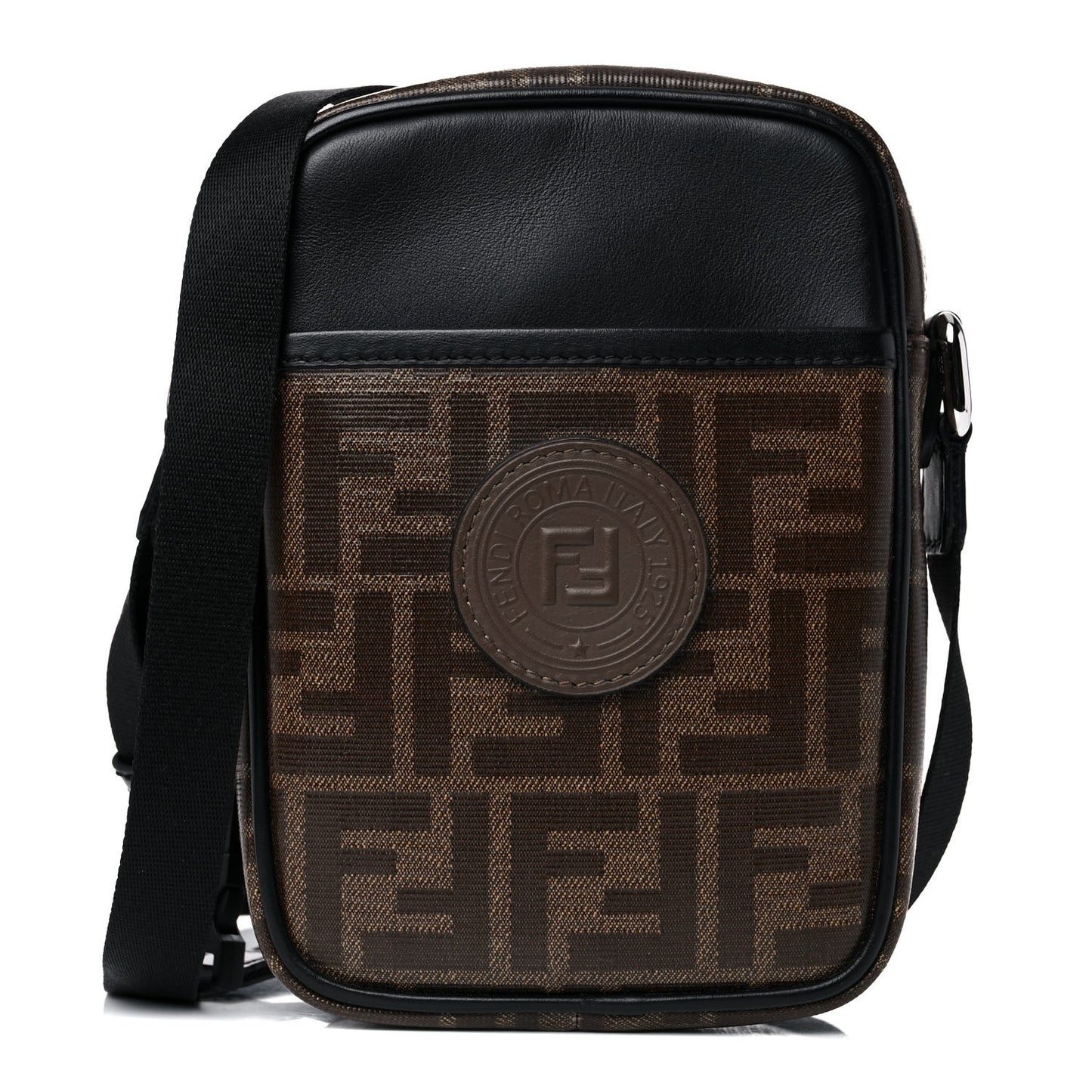 Glazed Fabric Vitello Century FF 1974 Stamp Patch Small Crossbody Messenger Mogano Panna Black