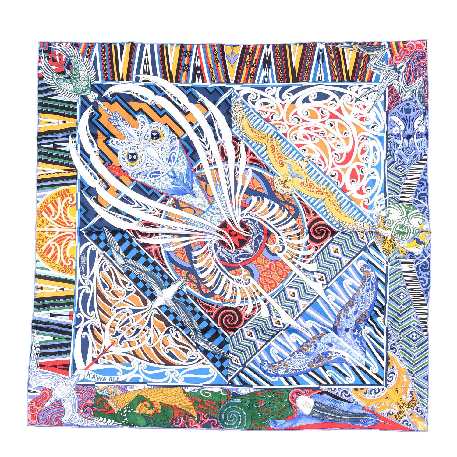 Hermes Silk Twill Kawa Ora Scarf 90 Bleu Jaune D'Or White 1 of 4