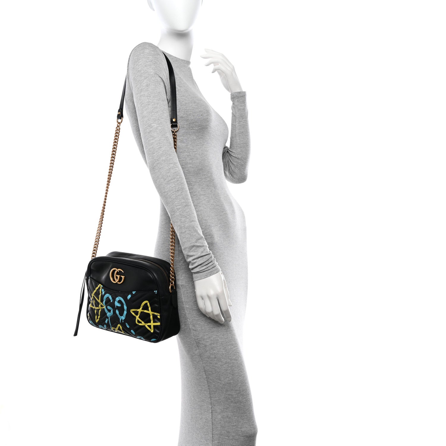 Gucci Calfskin Matelasse GucciGhost Medium GG Marmont Chain Shoulder Bag Black New Acquamarine 2 of 12