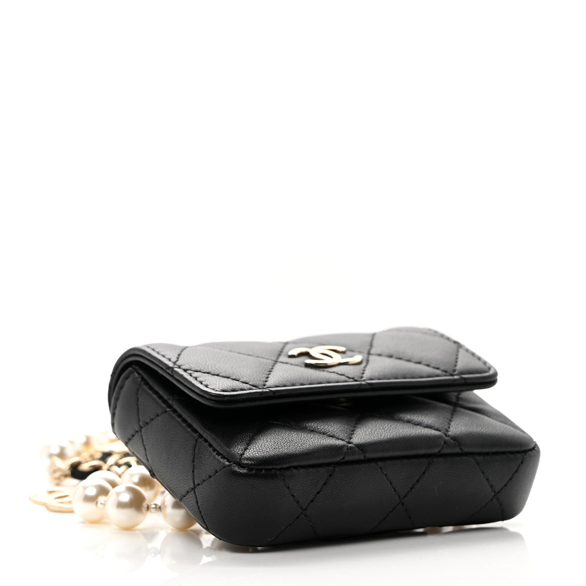 Lambskin Quilted Pearl Chain Belt Bag Black