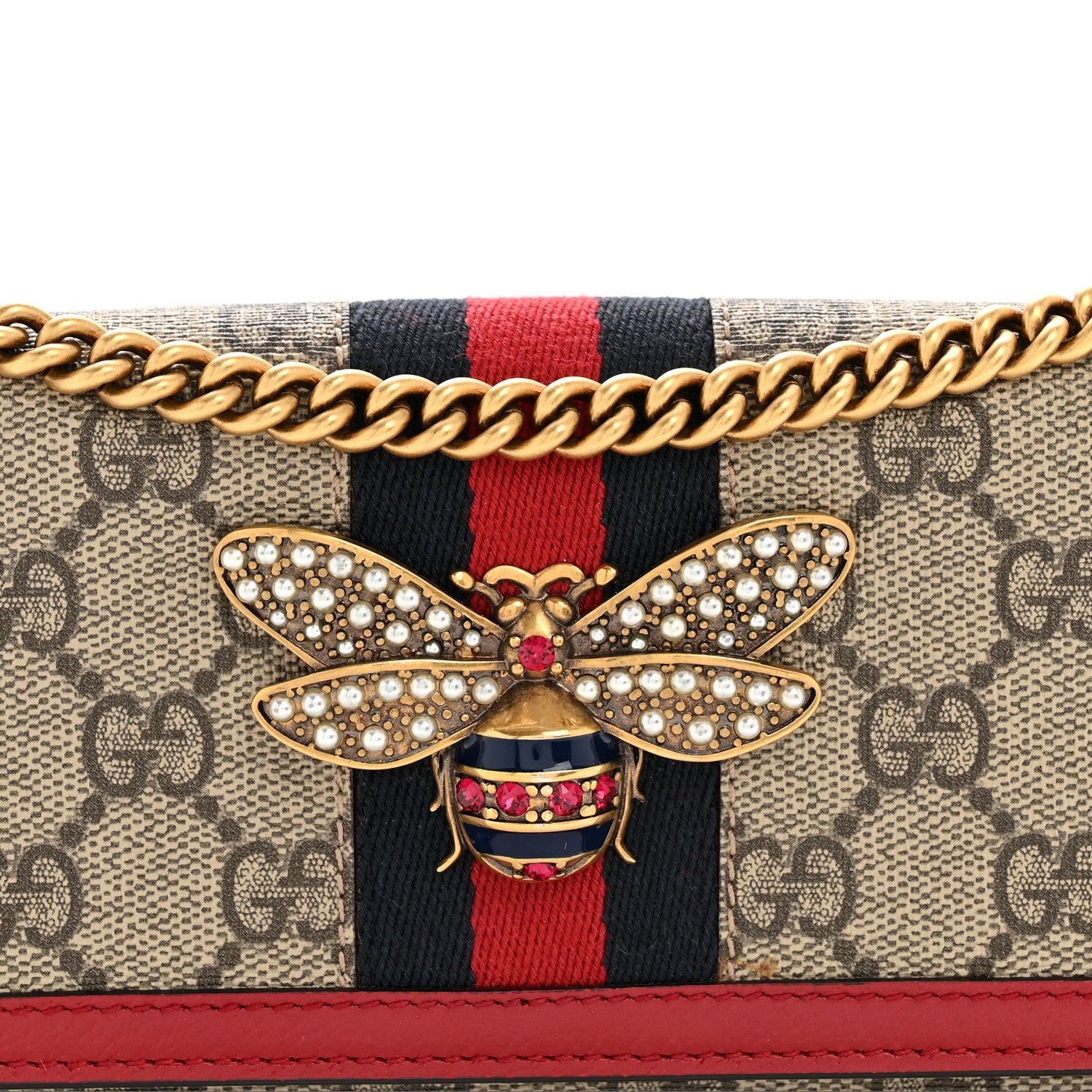 Gucci GG Supreme Monogram Web Queen Margaret Chain Wallet Red