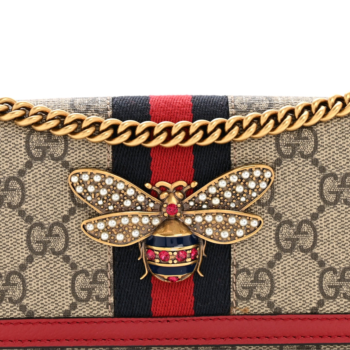 GG Supreme Monogram Web Queen Margaret Chain Wallet Red