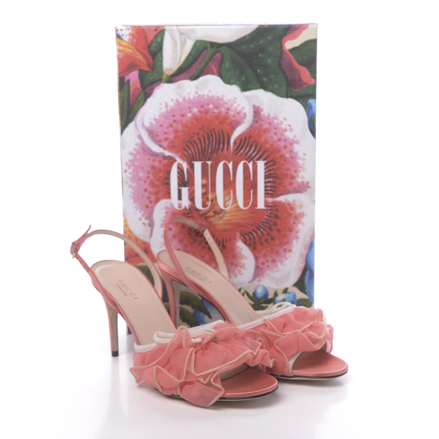 Gucci Tulle Ruffle Mid Heel Slingback Sandals 37.5 Peach White 9 of 9