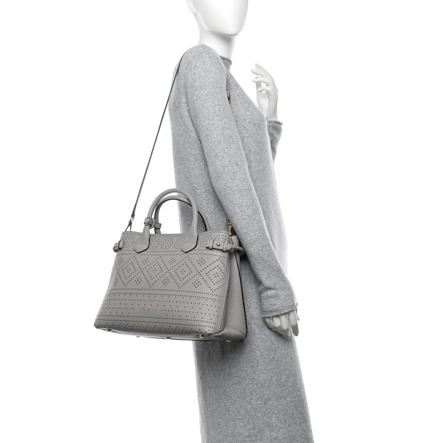 Grainy Calfskin Perforated Medium Broguing Banner Tote Grey