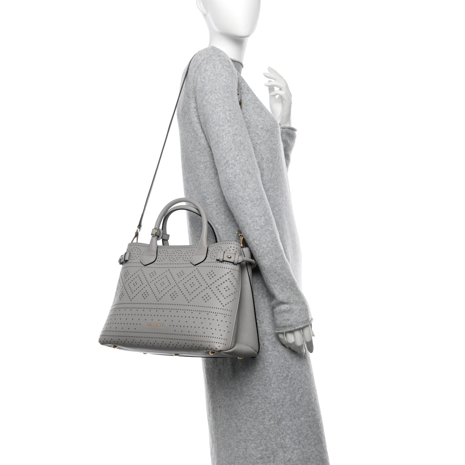 Burberry Grainy Calfskin Perforated Medium Broguing Banner Tote Grey 2 of 12