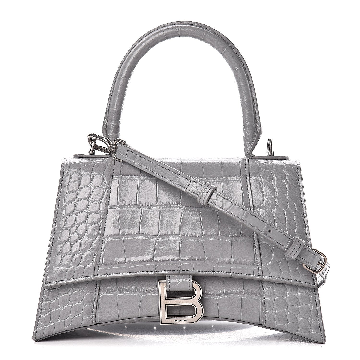 Balenciaga Shiny Calfskin Crocodile Embossed Small Hourglass Top Handle Bag Balenciaga Grey 1 of 15