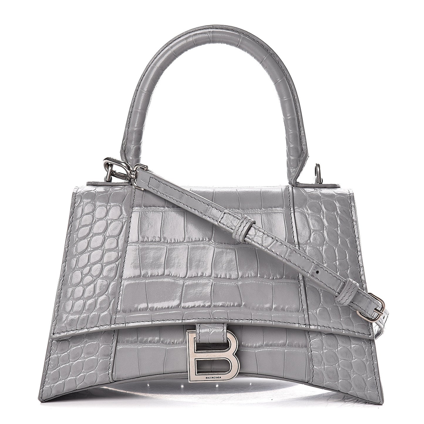 Shiny Calfskin Crocodile Embossed Small Hourglass Top Handle Bag Balenciaga Grey