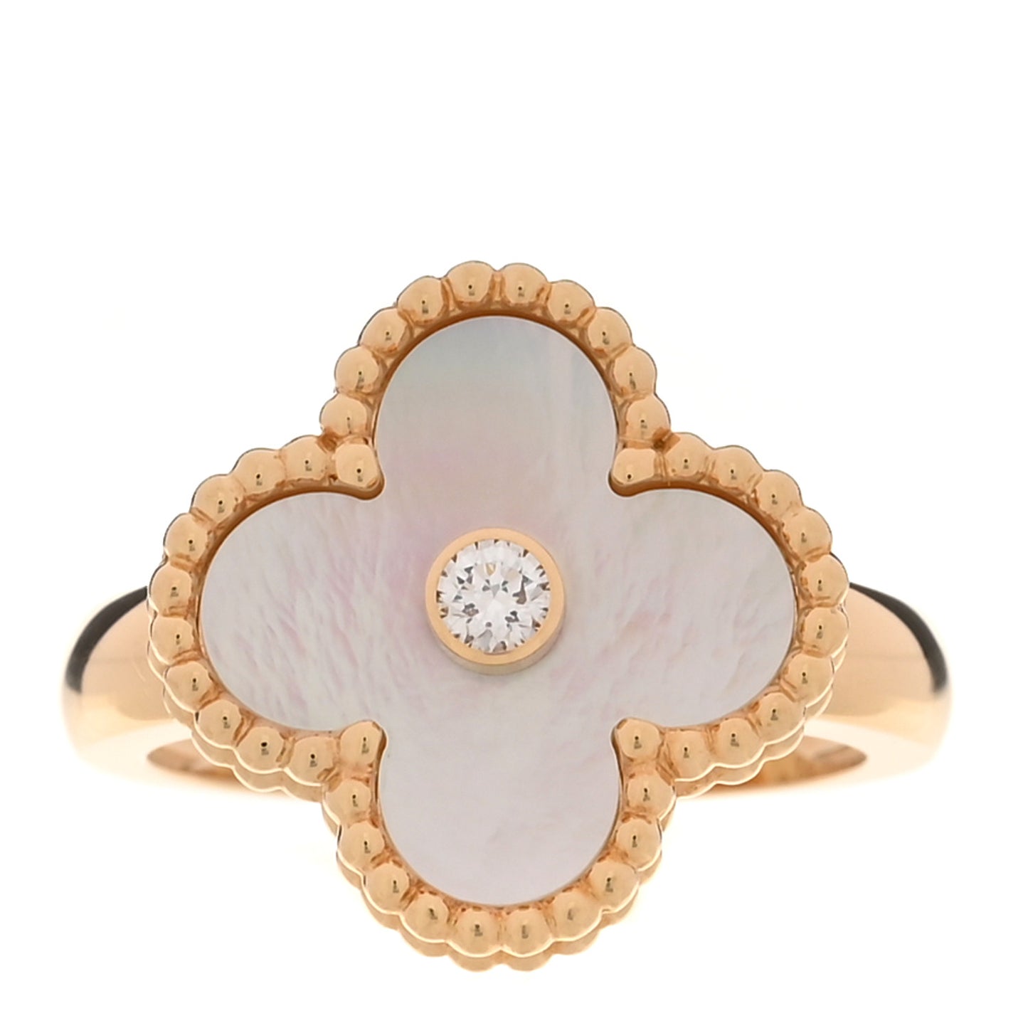 18K Yellow Gold Diamond Mother of Pearl Vintage Alhambra Ring