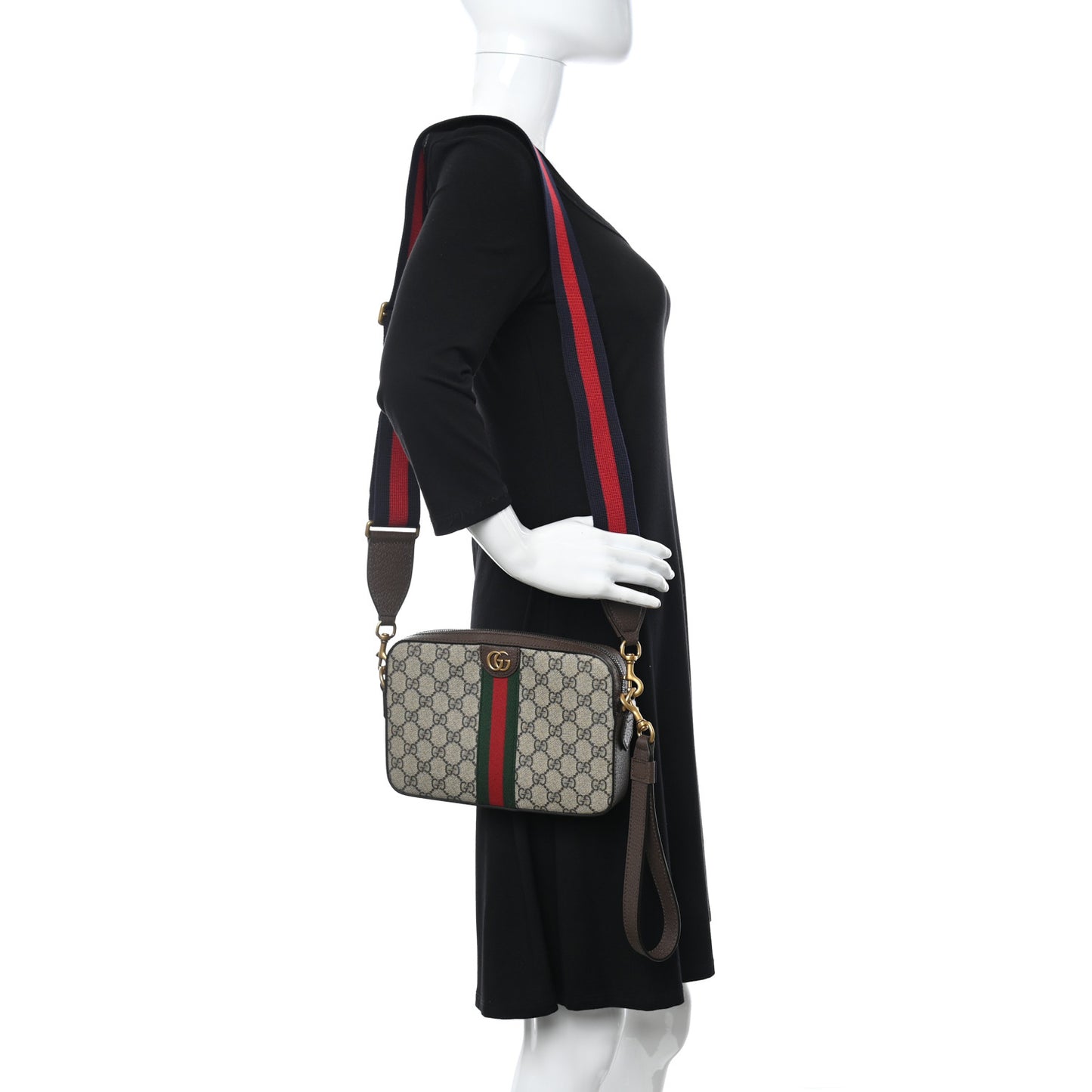 GG Supreme Monogram Textured Dollar Calfskin Web Ophidia Wristlet Shoulder Bag Beige Ebony New Acero