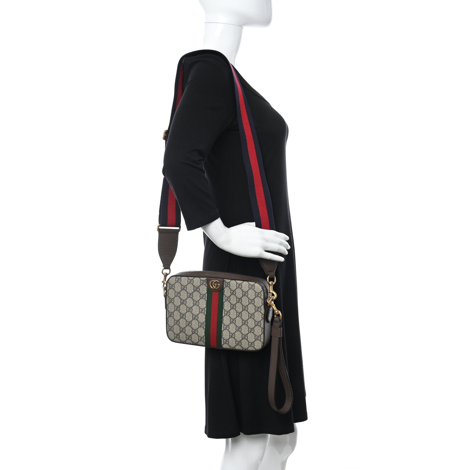 Gucci GG Supreme Monogram Textured Dollar Calfskin Web Ophidia Wristlet Shoulder Bag Beige Ebony New Acero 2 of 15