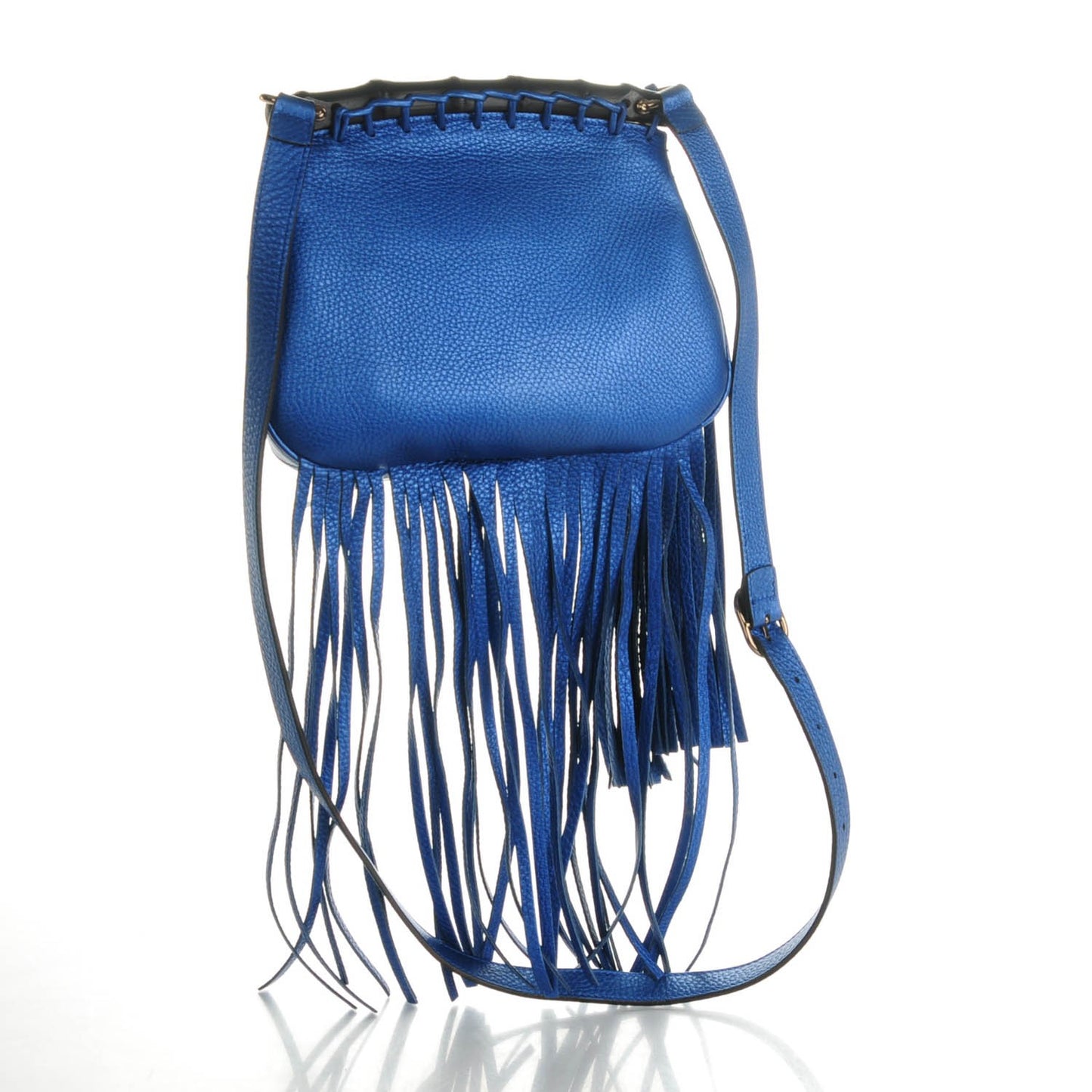 Metallic Calfskin Small Nouveau Fringe Shoulder Bag Electric Blue