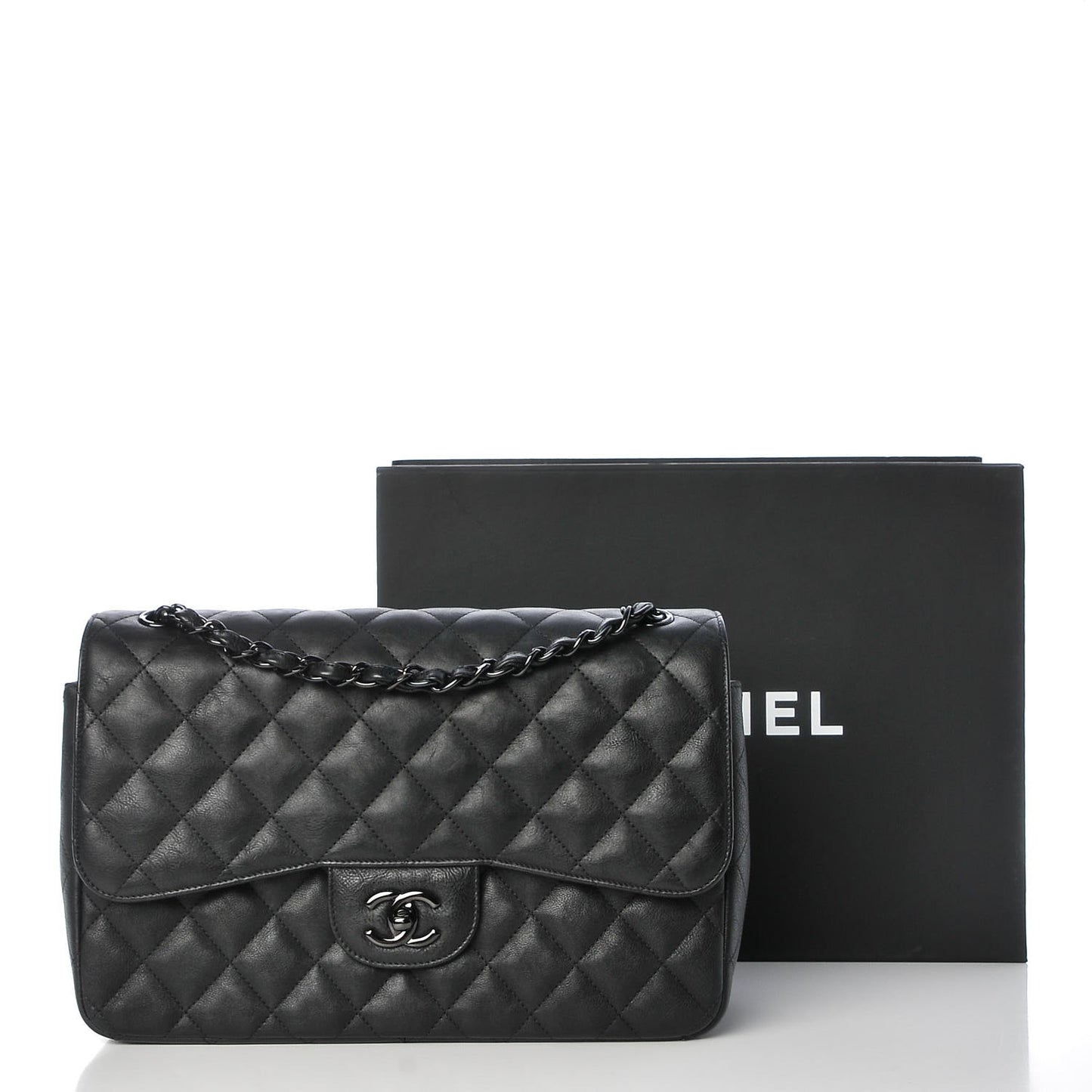 Crumpled Calfskin Quilted Jumbo Double Flap So Black