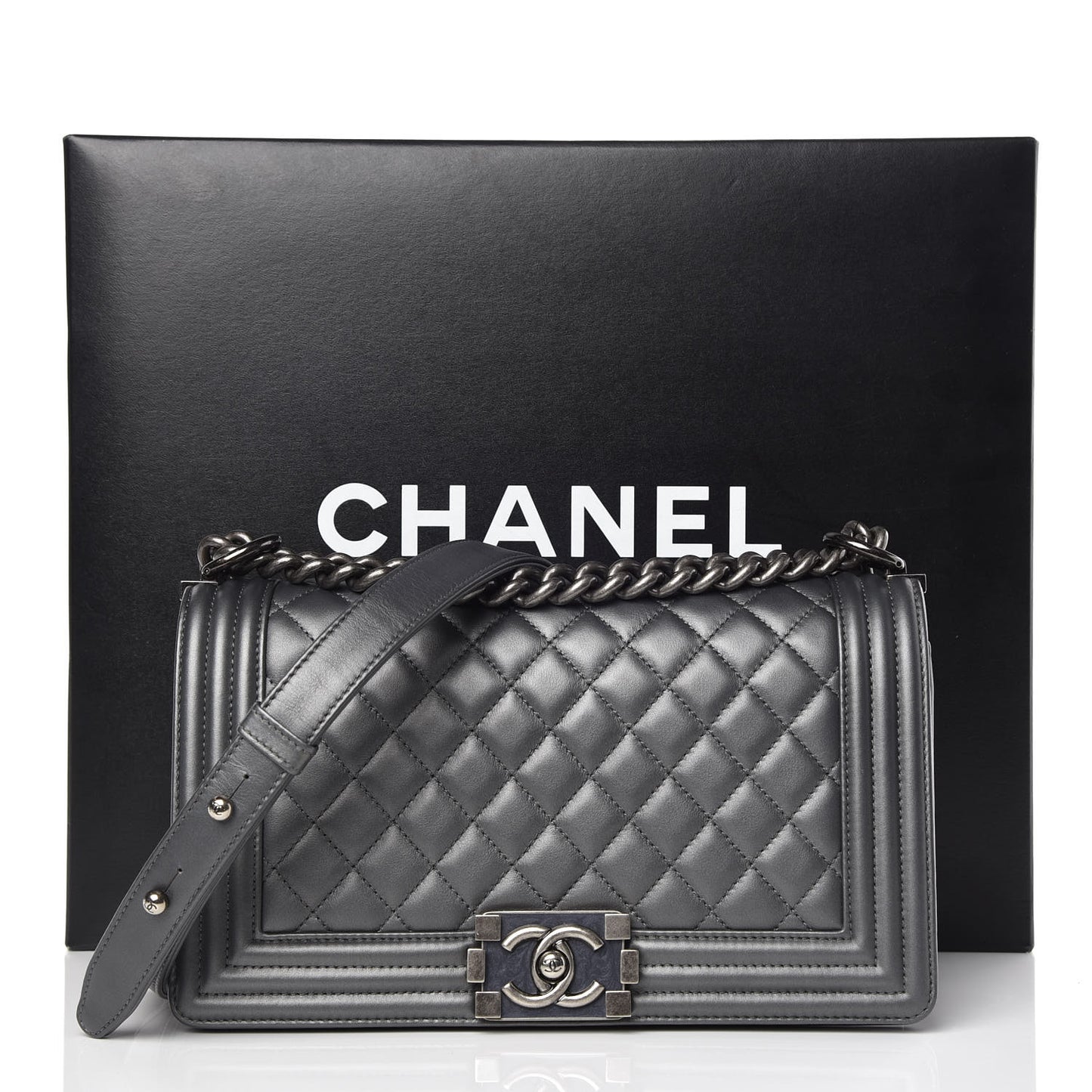 Metallic Calfskin Quilted Medium Boy Flap Dark Silver