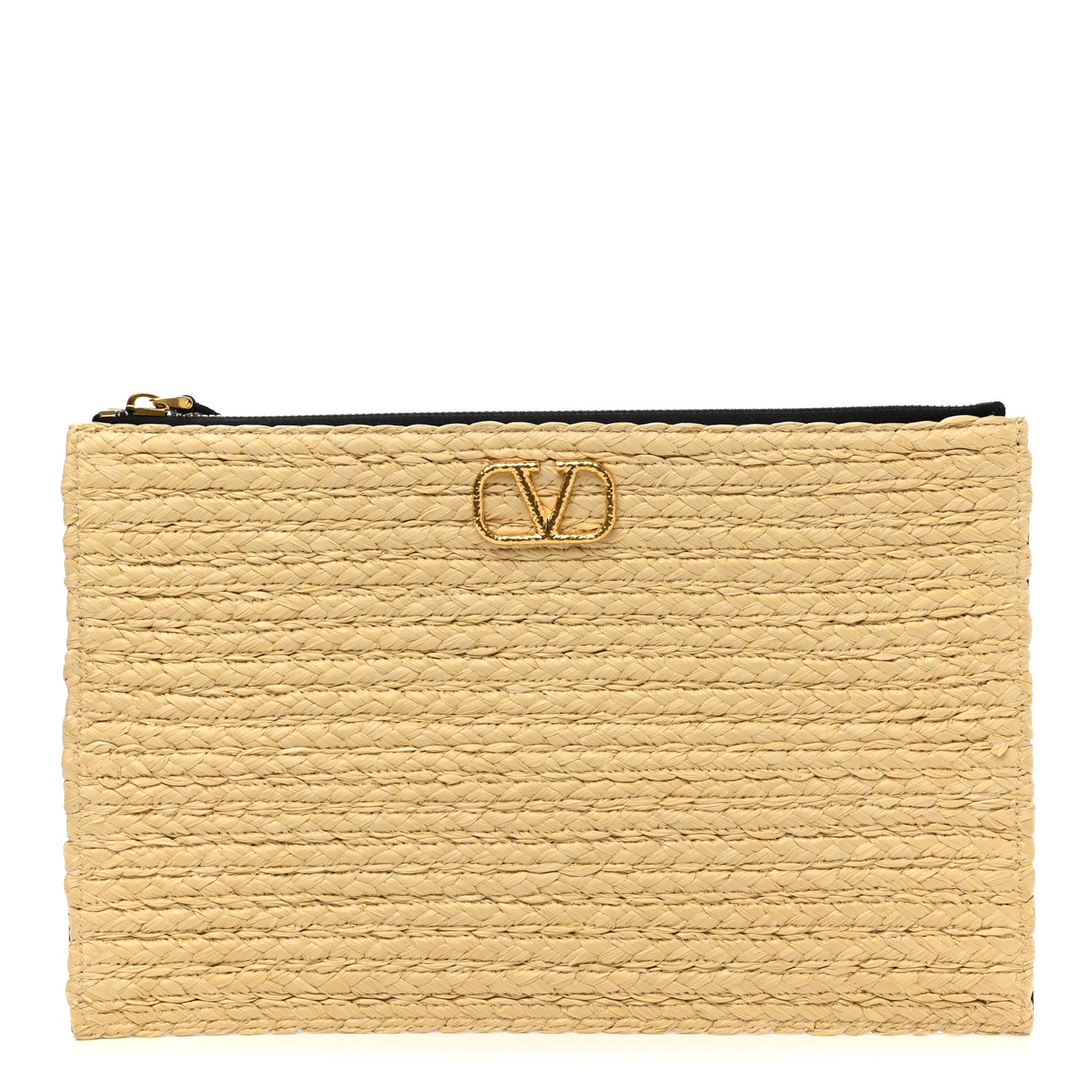 Raffia Calfskin Vlogo Zip Pouch Naturale Black