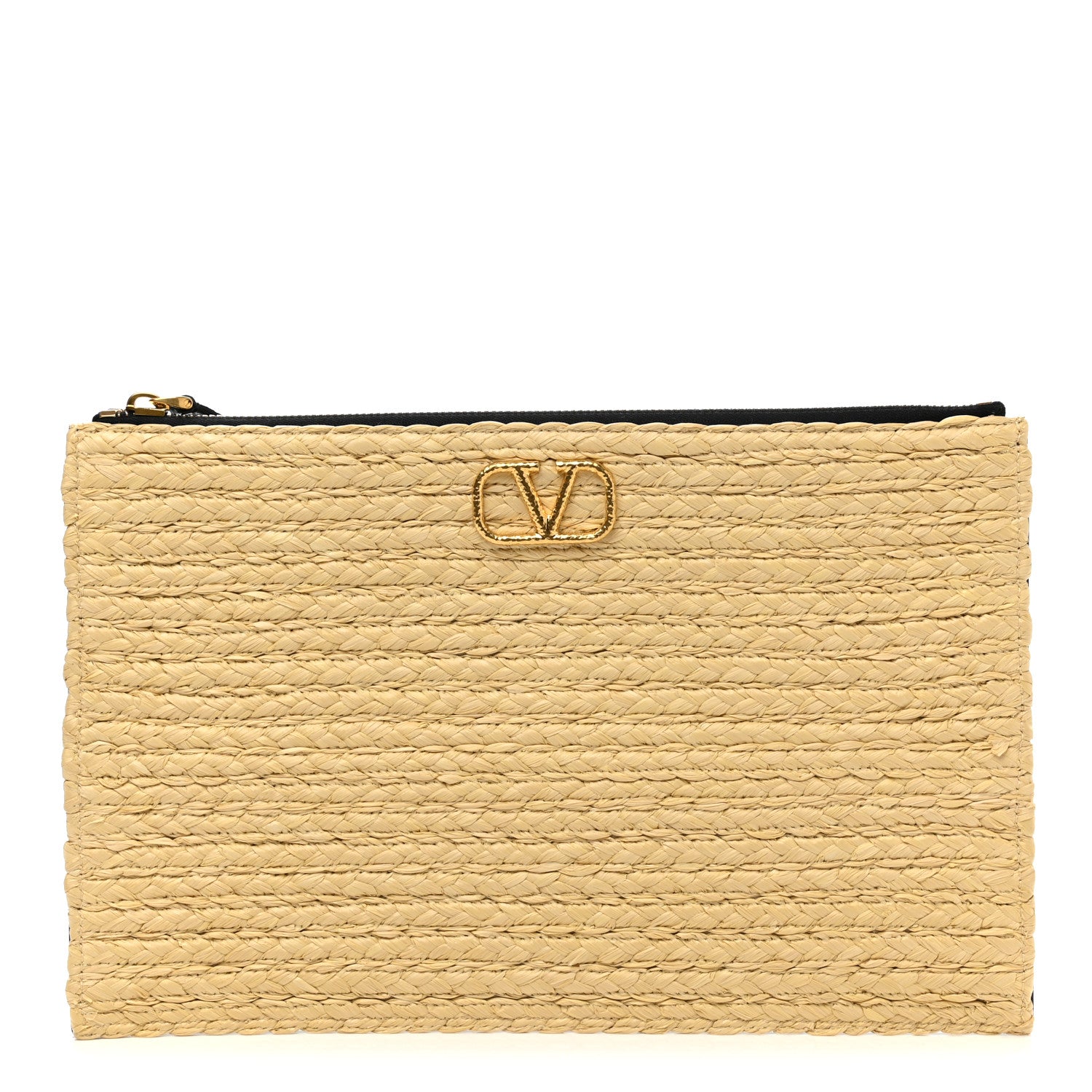 Valentino Garavani Raffia Calfskin Vlogo Zip Pouch Naturale Black 1 of 8