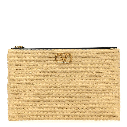 Valentino Garavani Raffia Calfskin Vlogo Zip Pouch Naturale Black 1 of 8